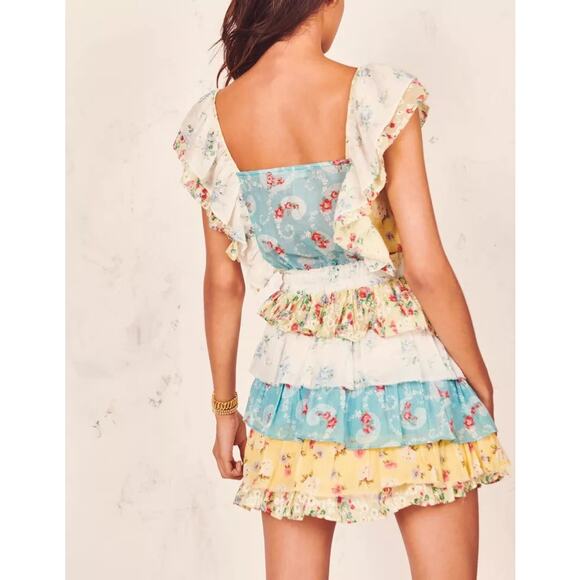 LoveShackFancy Phyllis Floral Tiered Ruffle Mini Dress Multicolor Women's Size L - Picture 2 of 6